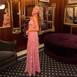 For Love & Lemons Raya Pink Velvet Rosette Rose Floral Maxi Dress Size XS